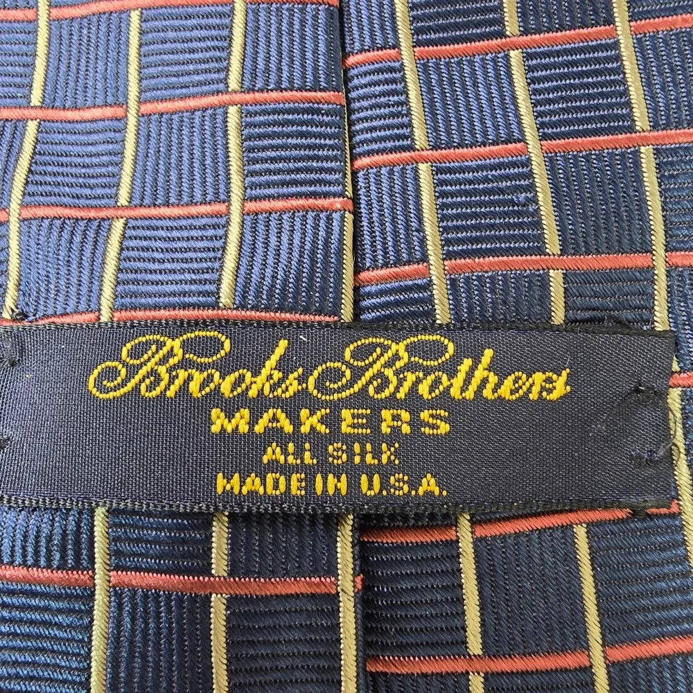 Brooks Brothers Makers Neck‎ Tie Mens Blue Gold Repp Silk Grid Geometric Preppy